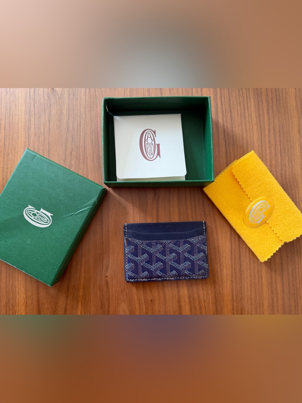 Goyard Blue Patterned Card Holder with Navy Leather Trim
